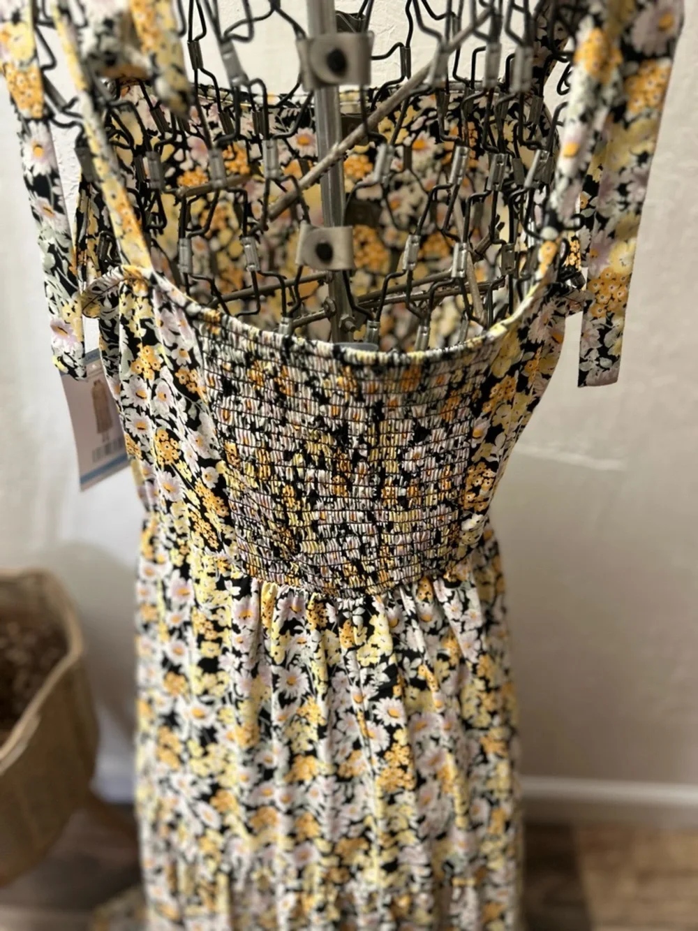 Social Sanctuary Yellow Floral Tie-Shoulder Maxi Dress‎